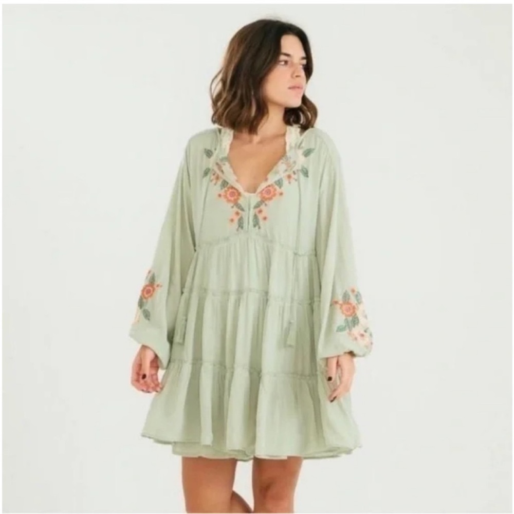 Free People Women's Spell On You Embroidered Tiered Mini Dress Size Small